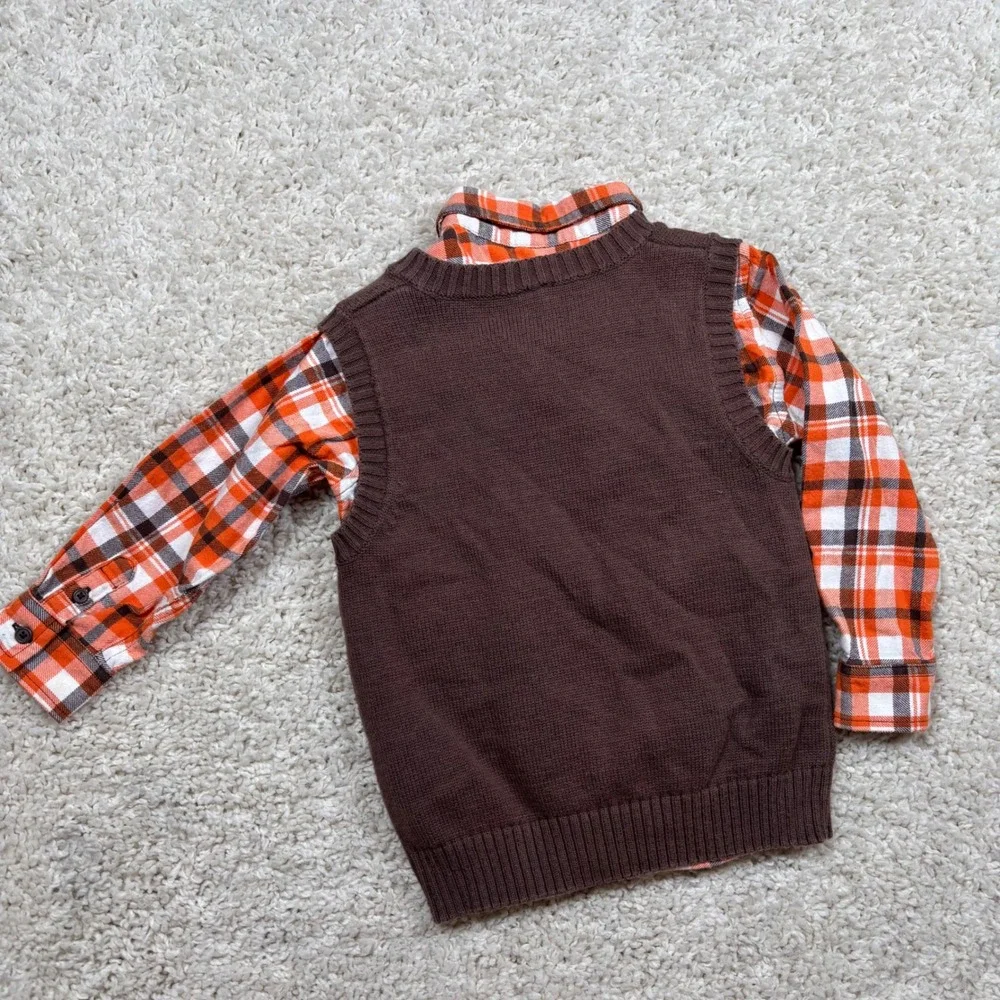 Gymboree Boys Plaid Shirt Sweater Vest Argyle Outfit‎ Set Orange Brown XS 3-4
